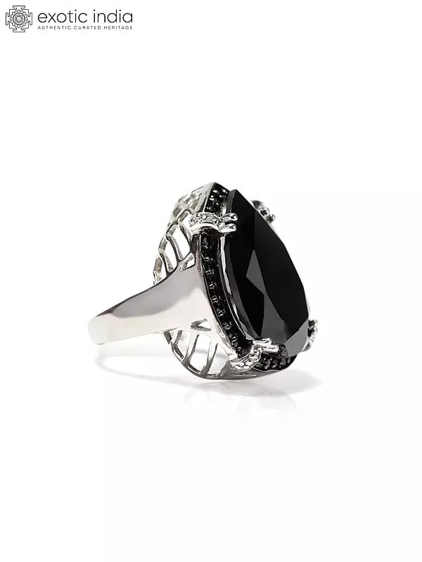 Exotic India Designer Teardrop Shape Black Onyx Ring With Black Spinel Stones 