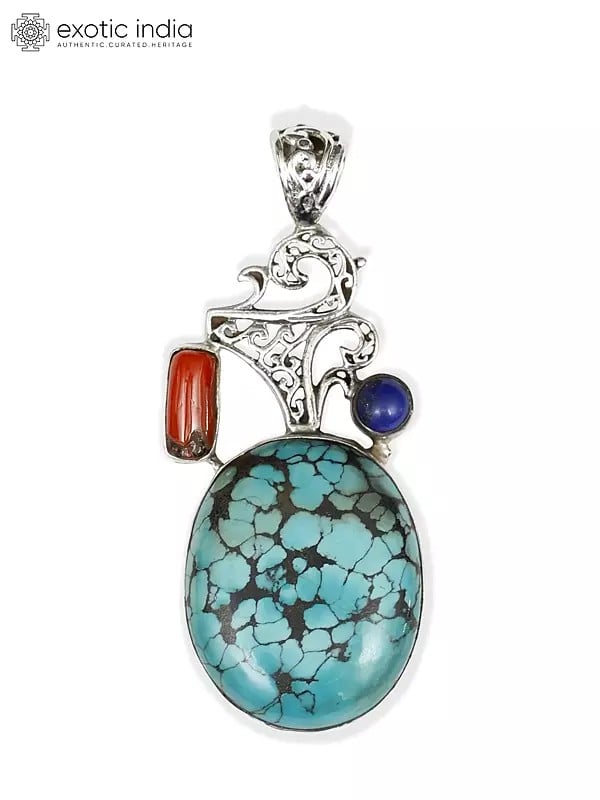 Exotic India Designer Turquoise Pendant With Coral And Lapis Lazuli