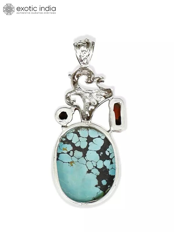 Exotic India Designer Turquoise Pendant With Coral And Lapis Lazuli