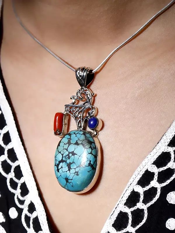 Exotic India Designer Turquoise Pendant With Coral And Lapis Lazuli