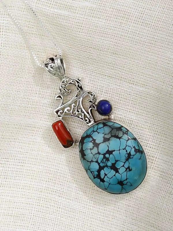 exotic india Designer Turquoise Pendant with Coral and Lapis Lazuli