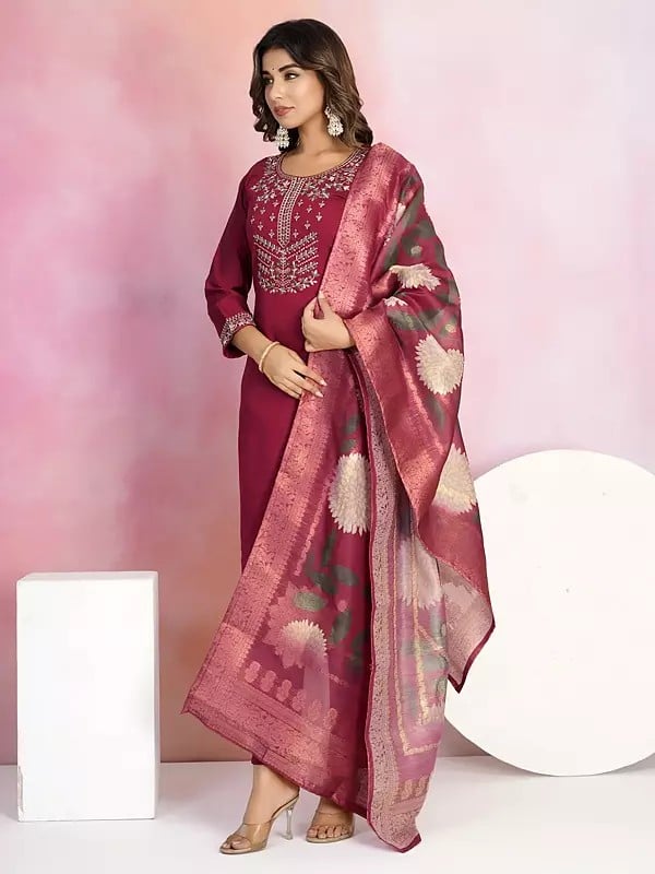 Exotic India Designer Viscose Chanderi Embroidery Work Festive Wear Kurta Set With Floral Print Dupatta