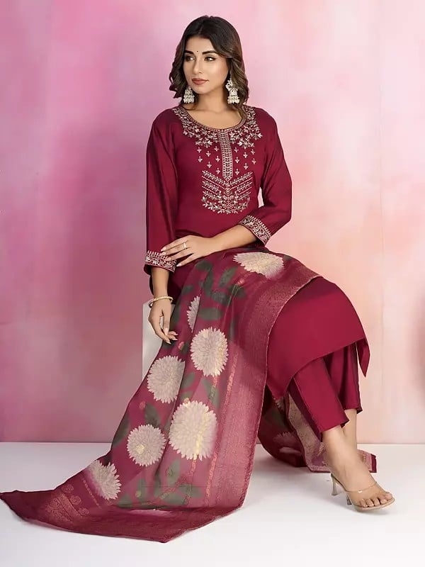 Exotic India Designer Viscose Chanderi Embroidery Work Festive Wear Kurta Set With Floral Print Dupatta