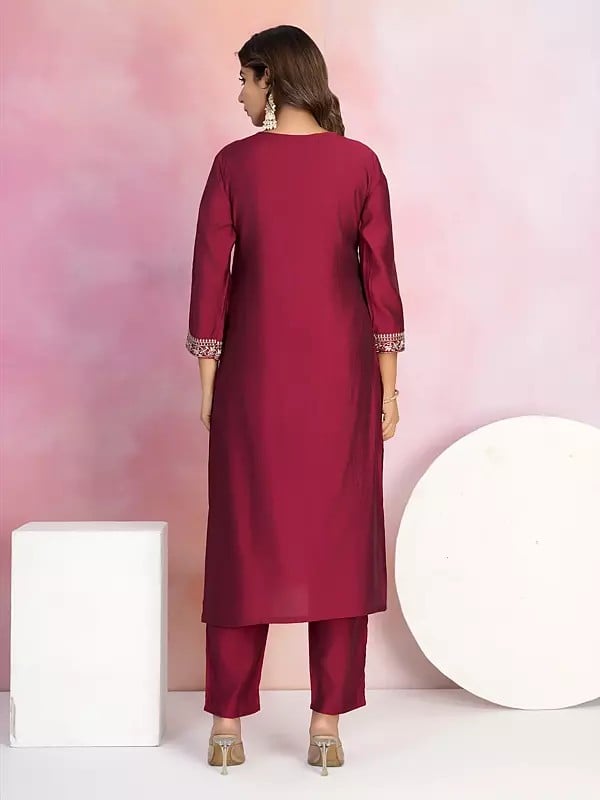 Exotic India Designer Viscose Chanderi Embroidery Work Festive Wear Kurta Set With Floral Print Dupatta