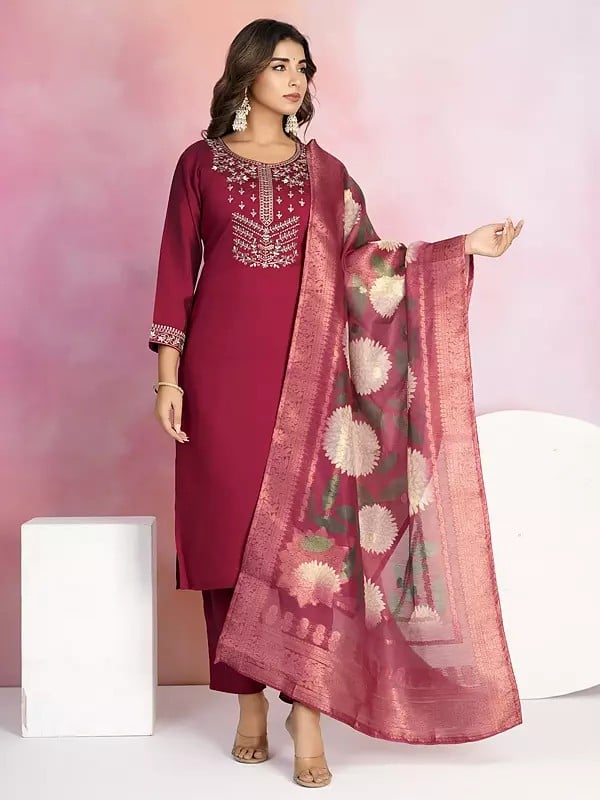 exotic india Designer Viscose Chanderi Embroidery Work Festive Wear Kurta Set With Floral Print Dupatta 