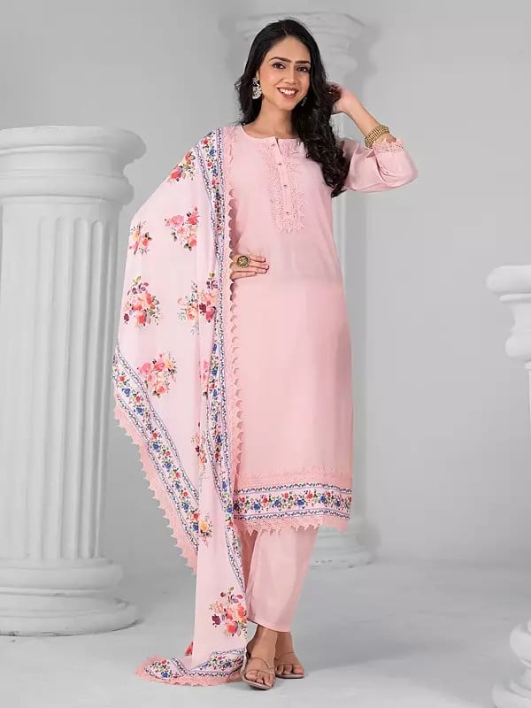 Exotic India Designer Viscose Chanderi Stunning Embroidery Work Kurta Set With Floral Print Dupatta 