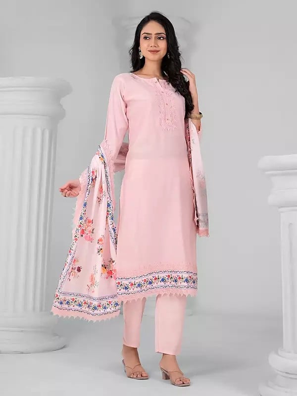 Exotic India Designer Viscose Chanderi Stunning Embroidery Work Kurta Set With Floral Print Dupatta 