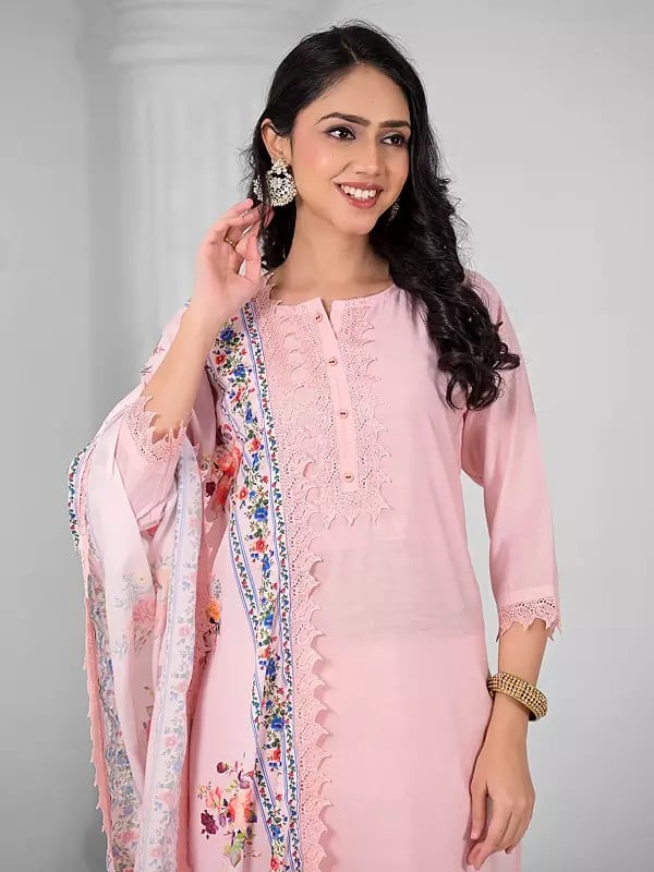 Exotic India Designer Viscose Chanderi Stunning Embroidery Work Kurta Set With Floral Print Dupatta 