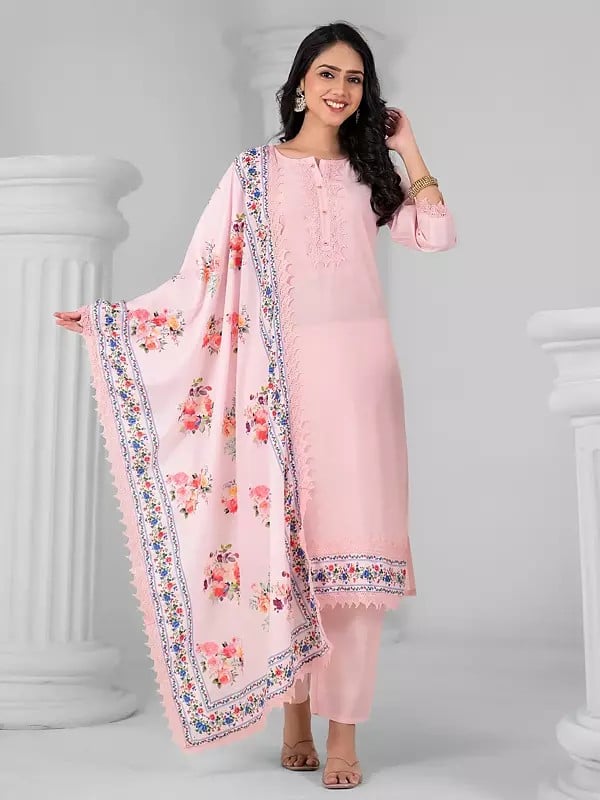 exotic india Designer Viscose Chanderi Stunning Embroidery Work Kurta Set With Floral Print Dupatta 