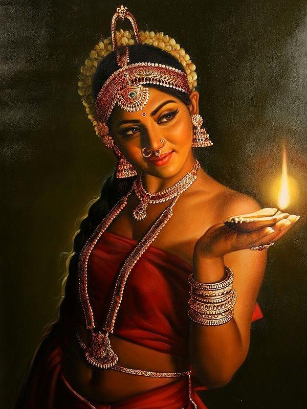 Exotic India Devadasi With Lamp Oil Painting On Canvas | Without Frame