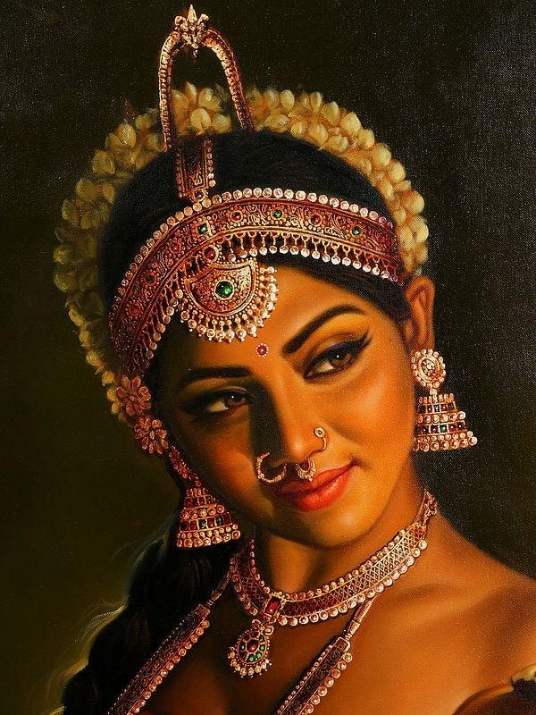 Exotic India Devadasi With Lamp Oil Painting On Canvas | Without Frame