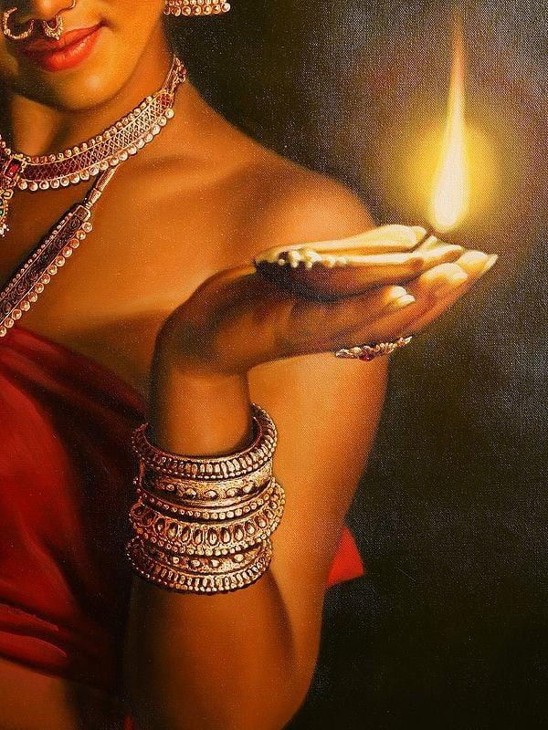 Exotic India Devadasi With Lamp Oil Painting On Canvas | Without Frame