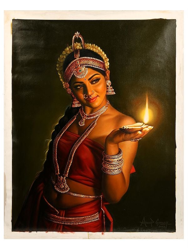 exotic india Devadasi with Lamp Oil Painting on Canvas | Without Frame 