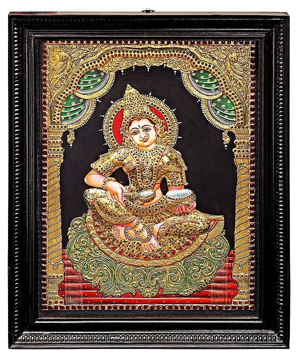 exotic india Devi Annapurna Tanjore Painting with Teakwood Frame | Traditional Colors with 24K Gold 