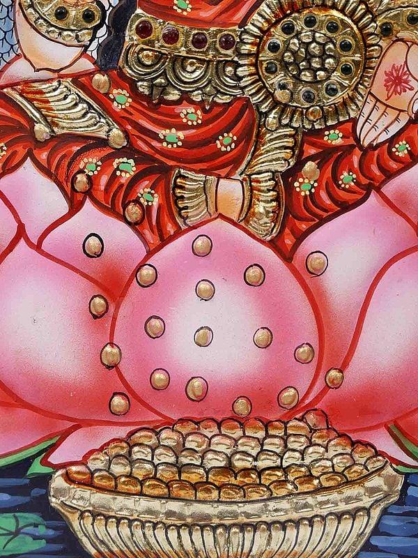 Exotic India Devi Lakshmi Seated On Lotus Framed Tanjore Painting | 24 Karat Gold Work 