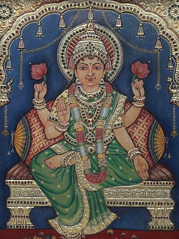 Exotic India Devi Lakshmi Thanjavur Painting | Traditional Colors With 24K Gold
