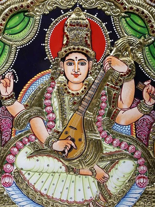 Exotic India Devi Saraswati Framed Tanjore Painting | 24 Karat Gold Work 