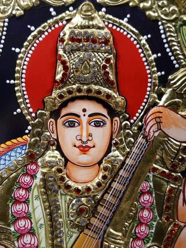 Exotic India Devi Saraswati Framed Tanjore Painting | 24 Karat Gold Work 