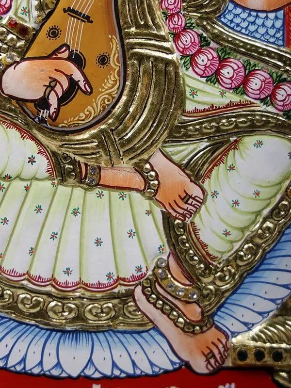 Exotic India Devi Saraswati Framed Tanjore Painting | 24 Karat Gold Work 