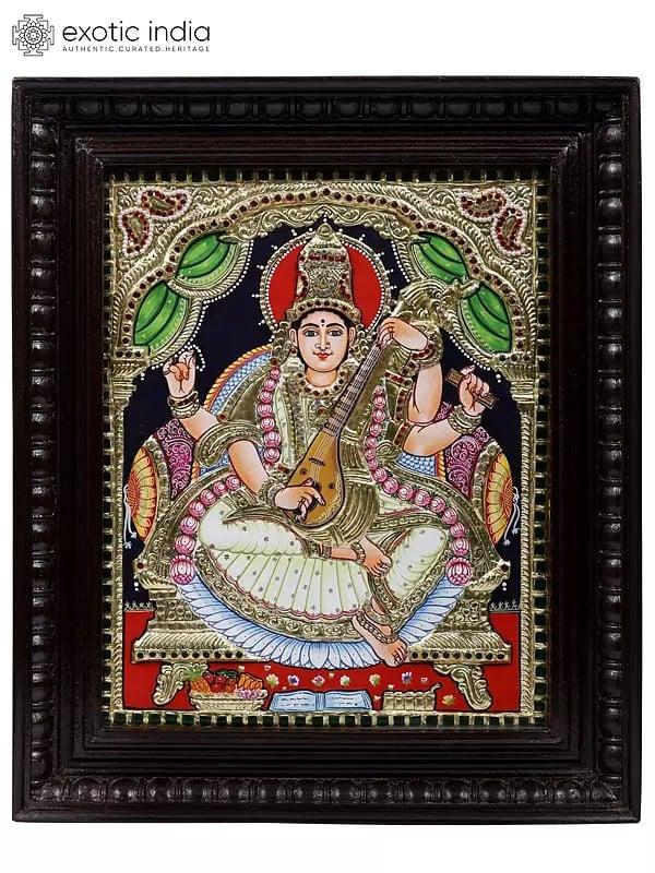 exotic india Devi Saraswati Framed Tanjore Painting | 24 Karat Gold Work 