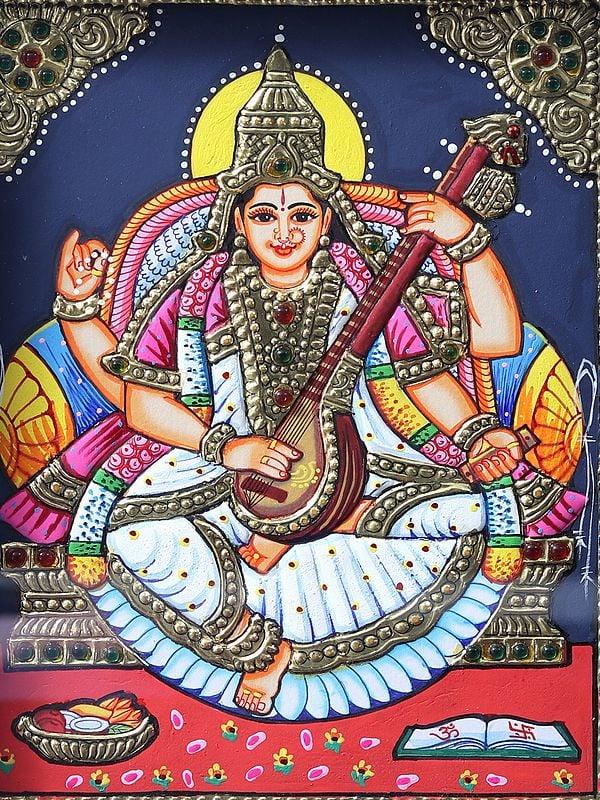 Exotic India Devi Saraswati - Goddess Of Knowledge Tanjore Painting With Teakwood Frame