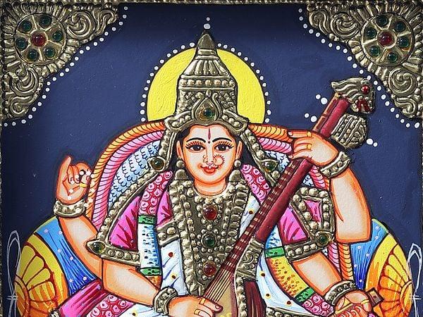 Exotic India Devi Saraswati - Goddess Of Knowledge Tanjore Painting With Teakwood Frame
