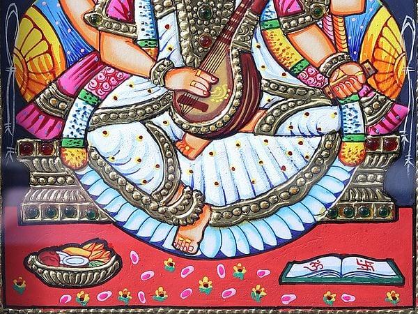 Exotic India Devi Saraswati - Goddess Of Knowledge Tanjore Painting With Teakwood Frame