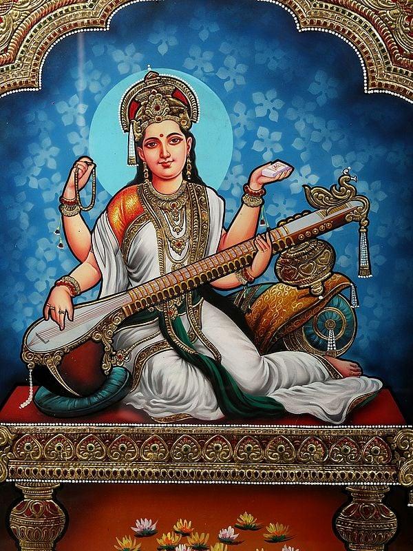 Exotic India Devi Saraswati - Goddess Of Knowledge | Tanjore Painting With Frame