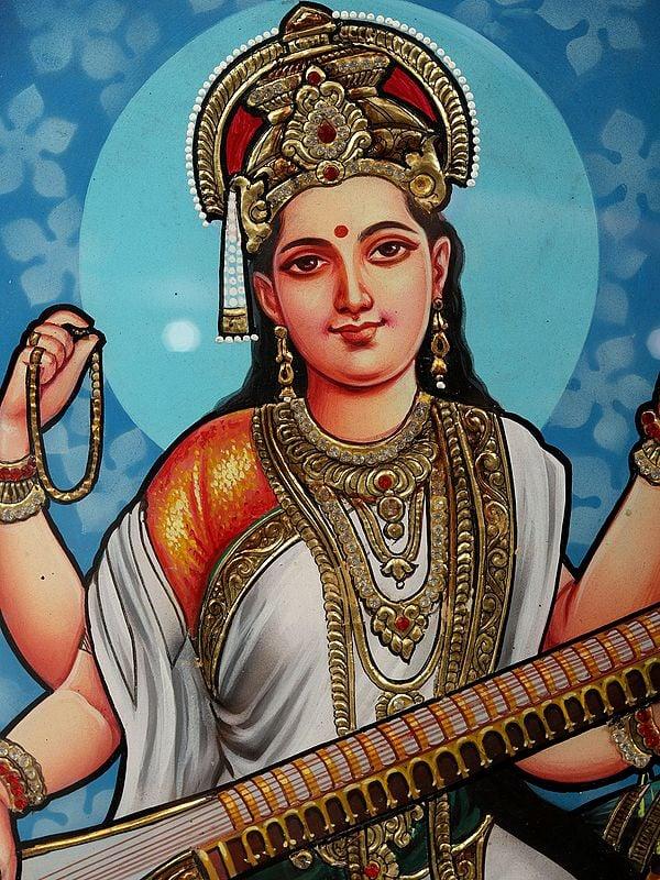 Exotic India Devi Saraswati - Goddess Of Knowledge | Tanjore Painting With Frame