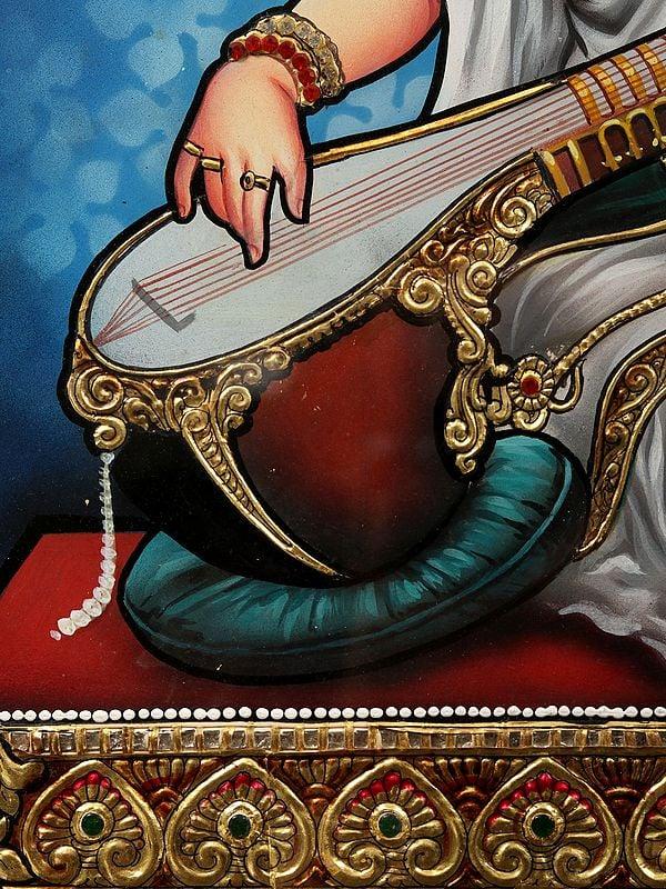 Exotic India Devi Saraswati - Goddess Of Knowledge | Tanjore Painting With Frame