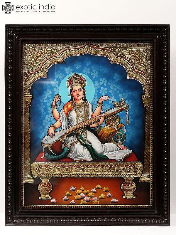 exotic india Devi Saraswati - Goddess of Knowledge | Tanjore Painting with Frame 