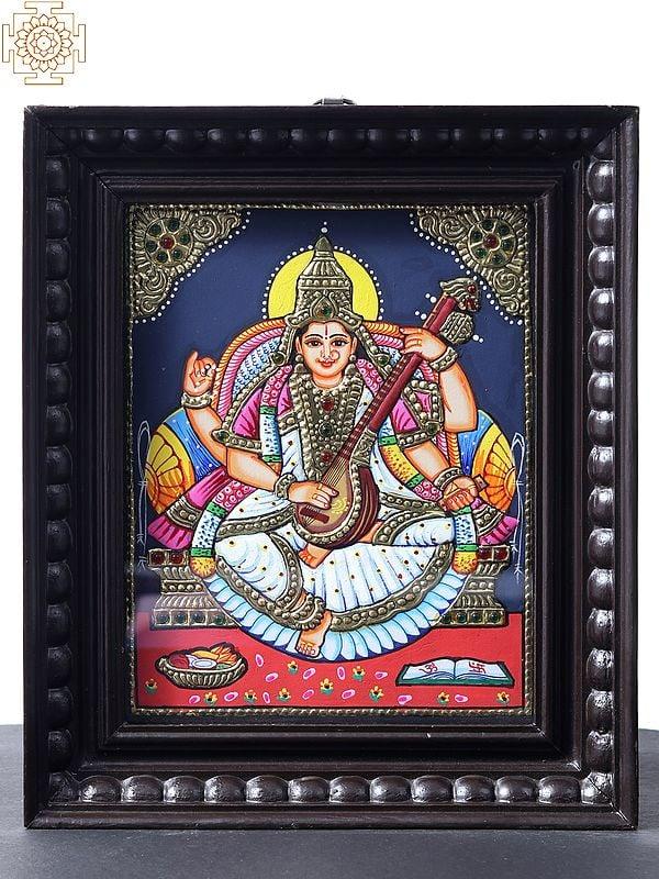 exotic india Devi Saraswati - Goddess of Knowledge Tanjore Painting with Teakwood Frame 