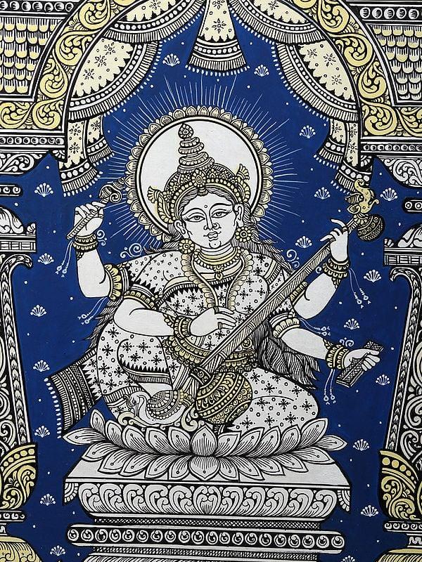 Exotic India Devi Saraswati Seated On Lotus Playing Veena | Pattachitra Painting From Odisha 
