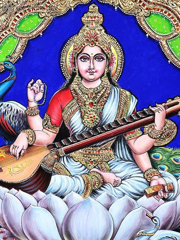 Exotic India Devi Saraswati Seated On Shwet Kamal | 24 Karat Gold Work | Tanjore Painting 