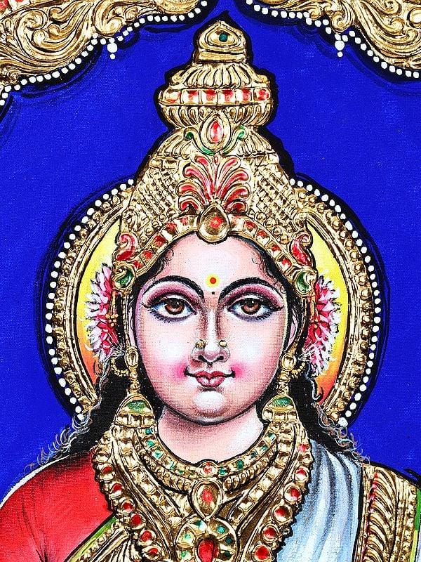 Exotic India Devi Saraswati Seated On Shwet Kamal | 24 Karat Gold Work | Tanjore Painting 
