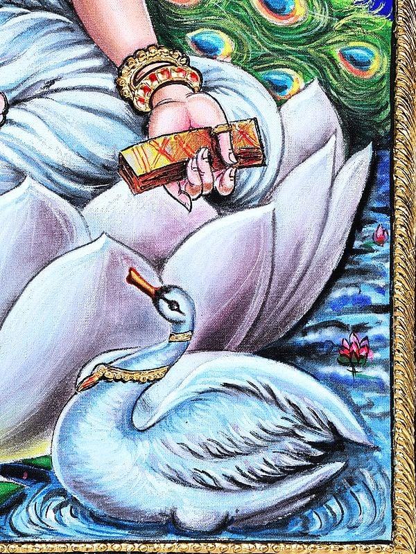 Exotic India Devi Saraswati Seated On Shwet Kamal | 24 Karat Gold Work | Tanjore Painting 