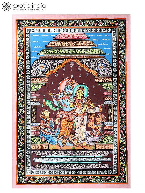 exotic india Devine Pair of Radha Krishna | Pattachitra Painting 