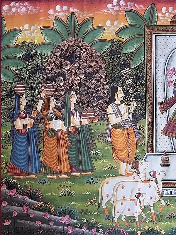 Exotic India Devotees Worship Shrinathji | Watercolor On Cotton | Pichwai Art 