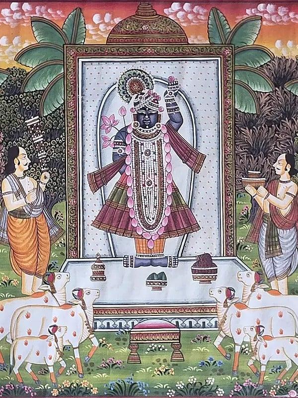 Exotic India Devotees Worship Shrinathji | Watercolor On Cotton | Pichwai Art 