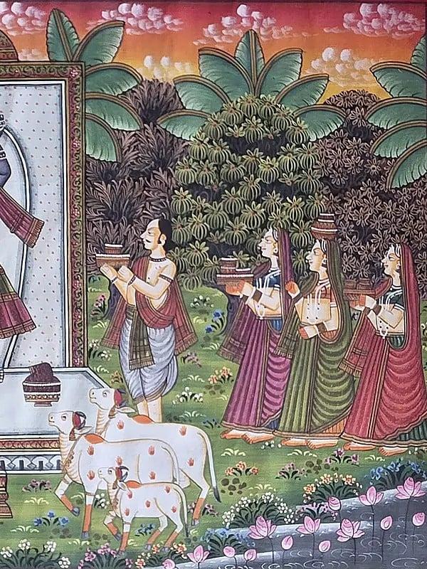 Exotic India Devotees Worship Shrinathji | Watercolor On Cotton | Pichwai Art 