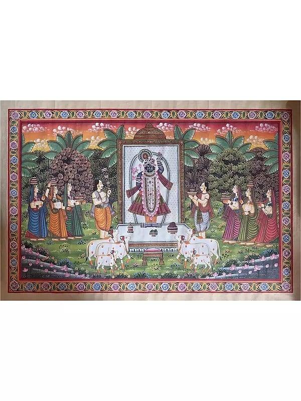 exotic india Devotees Worship Shrinathji | Watercolor On Cotton | Pichwai Art 
