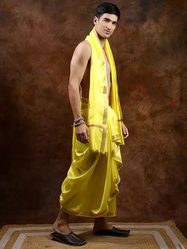Exotic India Dhoti And Angavastram Set With Golden Woven Paisley On Border 