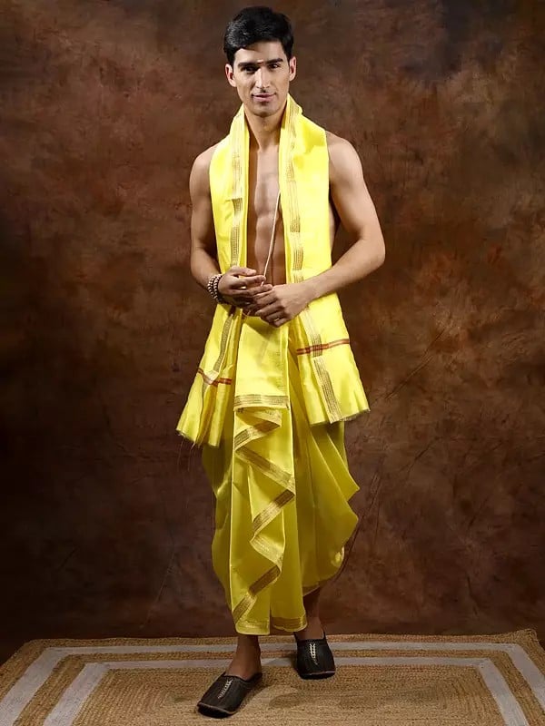 Exotic India Dhoti And Angavastram Set With Golden Woven Paisley On Border 