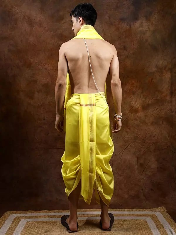 Exotic India Dhoti And Angavastram Set With Golden Woven Paisley On Border 