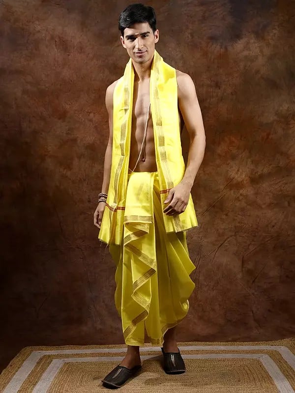 exotic india Dhoti and Angavastram set with Golden Woven Paisley on Border 