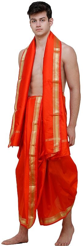 Exotic India Dhoti And Angavastram Set With Wide Golden Border (Ready To Wear) 