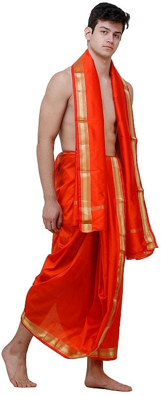 Exotic India Dhoti And Angavastram Set With Wide Golden Border (Ready To Wear) 