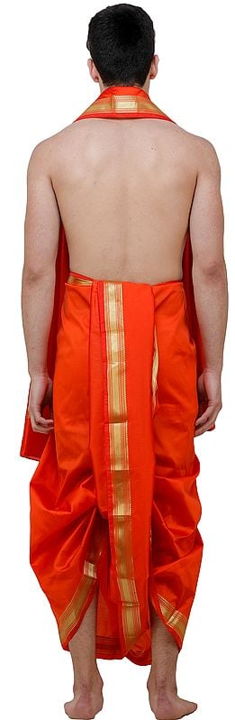 Exotic India Dhoti And Angavastram Set With Wide Golden Border (Ready To Wear) 