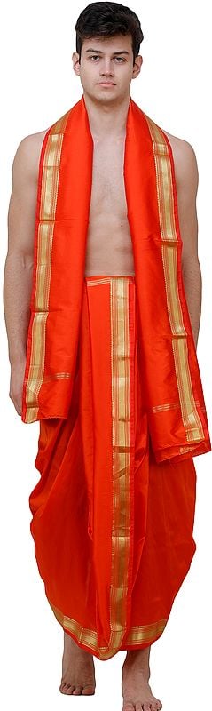 exotic india Dhoti and Angavastram Set with Wide Golden Border (Ready to Wear) 