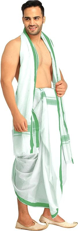 Exotic India Dhoti And Angavastram Set With Woven Border 